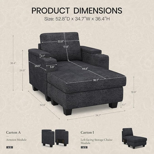 Belffin 52.8" Deep Storage Chaise Lounge with Cup Holder for Apartment Couch Dark Grey