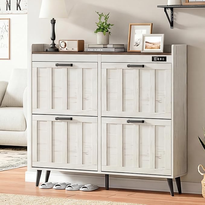 ChooChoo Shoe Storage Cabinet with 4 Flip Drawers, Deodorizing Shoe Organizer Storage for Entryway, Freestanding Hidden Slim Narrow Shoe Rack Cabinet, Antique White & Brown