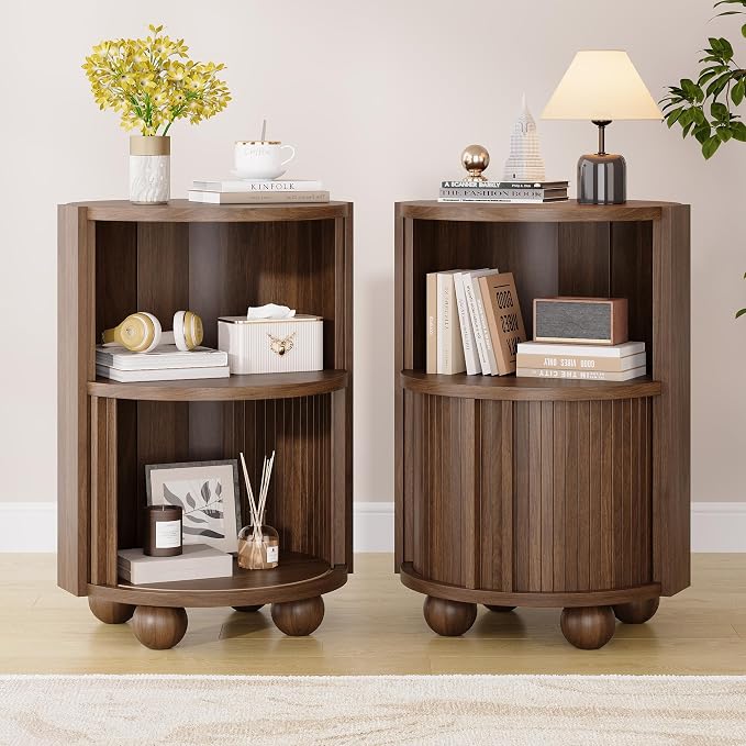 Decofy Modern Round Nightstand with Sliding Doors and 2 Storage Shelves, Modern Bedside End Table,Suitable for Bedroom (Walnut)