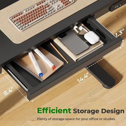 Electric Standing Desk with Drawer, 35" x 20" Whole Piece Tabletop Small Sit Stand Table, Height Adjustable Desk with Storage & USB Ports, Quick Install Home Office Computer Desk, Black