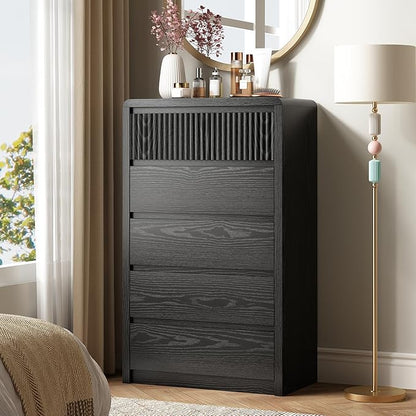 LYNSOM 5 Drawer Dresser for Bedroom, 48" Tall Fluted Dresser with Curved Corners, Wood Dressers & Chests of Drawers with Dual-Panel Design for Bedroom, Entryway, Black