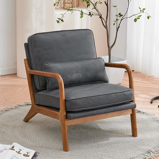 Bonnlo Microfiber Dark Grey Accent Chairs Set of 2, Upholstered Mid Century Modern Lounge Chairs Reading Chairs Side Sitting Chair Solid Wood Farmhouse Armchairs for Living Room, Bedroom, Guest Room
