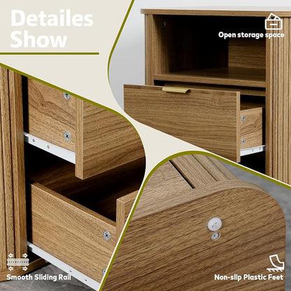 3-Piece Bedroom Furniture Set, Modern Fluted 6 Drawer Dresser & 2-Drawer Nightstands,Mid-Century Wood Storage Cabinet Set n for Bedroom, Hallway (Walnut)