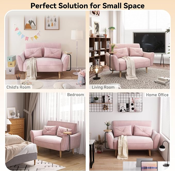 Brelice Loveseat Sofa, 47" Velvet Couch for Bedroom, Convertible Wooden Tray & Ergonomic Armrest, for Small Space, Apartment, Living Room, Home Office, Easy Assembly, Pink