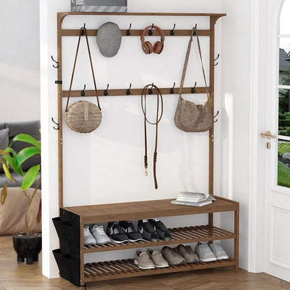 AMBIRD 6-in-1 Bamboo Hall Tree with Shoe Storage, Entryway Organizer Shoe Bench with 16 Coat Hooks and Cloth Bag, Sturdy Bamboo Storage Bench, 46 * 15 * 70 inches Brown