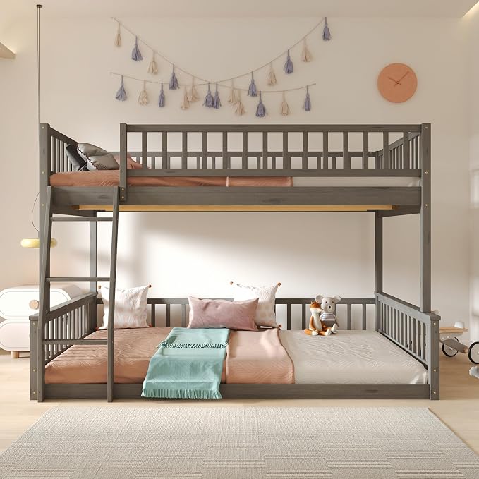 Full XL Over Queen Bunk Bed with Safety Guardrails, Solid Wood Floor Bunk Bed Frame with Sturdy Slat Support for Kids Teens Adults, Detachable Design (Grey-tra)