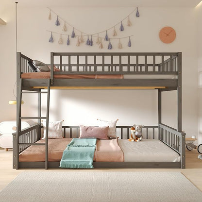 Full XL Over Queen Bunk Bed with Safety Guardrails, Solid Wood Floor Bunk Bed Frame with Sturdy Slat Support for Kids Teens Adults, Detachable Design (Grey-tra)