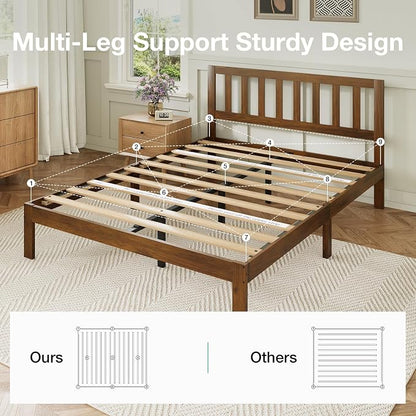 Novilla 12 Inch Queen Bed Frame with Headboard, Queen Size BedFrame with Headboard Classic Wooden Bed Frame Queen Size with Wood Slat Support, No Box Spring Needed, Easy Assembly, Walnut