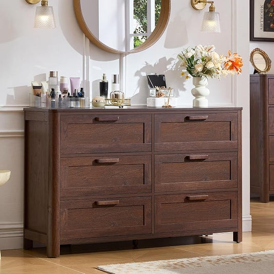 Joaxswe Farmhouse 6 Drawer Dresser for Bedroom, Horizontal Dressers with 6 Deep Drawers & 4 Thickened Table Legs & Round Table Corner, Walnut