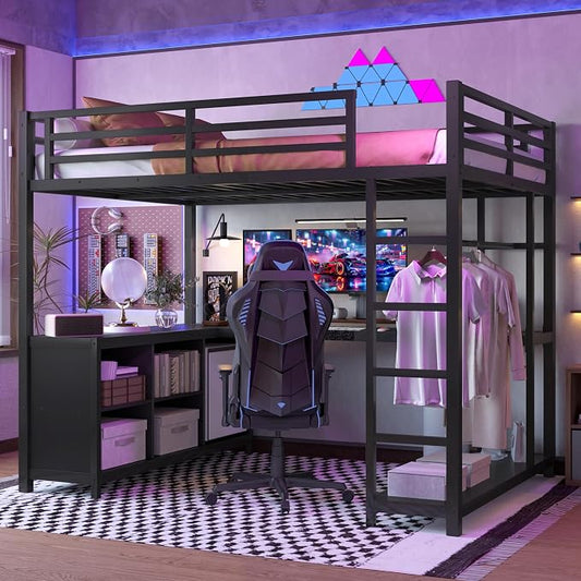 Bellemave Full Size loft Bed with L Desk, Wardrobe, Metal Full Loft Bed Frame for Adults, Kids, Teens, Black