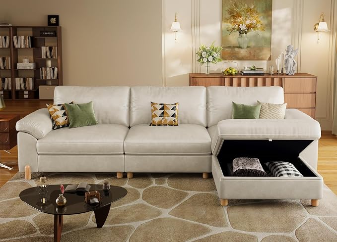 SITJOY Large Cloud Couch, 118" Wide 3 Seater L Shape, Faux Leather in White | Pet-Friendly Scratch-Resistant Leather Sectional Sofas for Living Room, Deep Seat Wide Couch with Chaise, Storage Ottoman