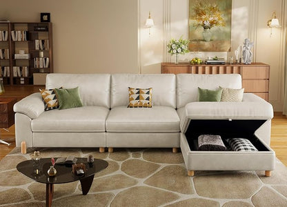 SITJOY Large Cloud Couch, 118" Wide 3 Seater L Shape, Faux Leather in White | Pet-Friendly Scratch-Resistant Leather Sectional Sofas for Living Room, Deep Seat Wide Couch with Chaise, Storage Ottoman
