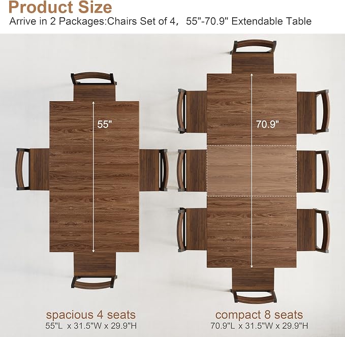 5-Piece Dining Table Set for 4 6 8, Large 55"-70.9" Extendable Dining Room Table Rectangle with Kitchen Chairs of 4, MDF Wood & Metal Frame for Apartment Kitchen Saving Space, Rustic Farmhouse, Walnut