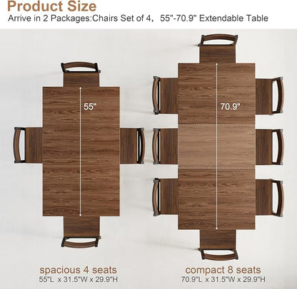 5-Piece Dining Table Set for 4 6 8, Large 55"-70.9" Extendable Dining Room Table Rectangle with Kitchen Chairs of 4, MDF Wood & Metal Frame for Apartment Kitchen Saving Space, Rustic Farmhouse, Walnut