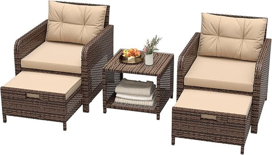 LHBcraft Balcony Furniture 5 Piece Wicker Patio Furniture Set, Outdoor Hand-Woven Rattan Lounge Chairs with Tempered Glass Coffee Table, Ottomans & Soft Cushions for Front Porch, Garden, Brown