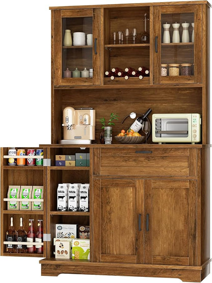Shintenchi Kitchen Pantry Storage Cabinet, Freestanding Buffet Cabinet with Microwave Stand & 3 Door Shelves, Kitchen Hutch with Doors, Adjustable Shelves and Wine Rack, Brown
