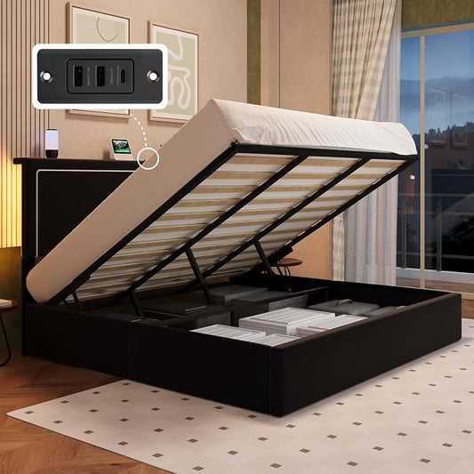 Allewie King Size Lift Up Storage Bed Frame with Charging Station & LED Lights, Adjustable Velvet Upholstered Storage Headboard, Type-C & USB Ports, Hydraulic Support, No Box Spring Needed, Black