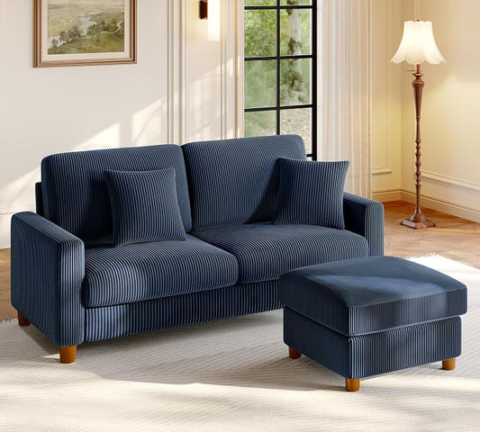 Welzona 70.2" Couches for Living Room, Comfy L Shaped Couch Blue 7.1" Thicker Cushion, Sofas for Living Room Tool-Free Setup, Loveseat with Ottoman 705lbs Support, Corduroy Couch for Bedroom, Office