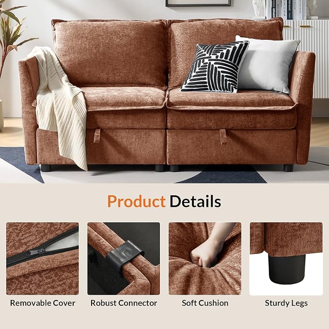 HULALA HOME 67'' Modern Chenille Loveseat Sofa, 2 Seater Couch with Storage, Comfy Deep Seat, Small Loveseat Couches for Living Room Furniture with Pillows, Easy to Install, Burnt Orange