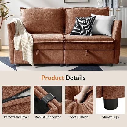 HULALA HOME 67'' Modern Chenille Loveseat Sofa, 2 Seater Couch with Storage, Comfy Deep Seat, Small Loveseat Couches for Living Room Furniture with Pillows, Easy to Install, Burnt Orange