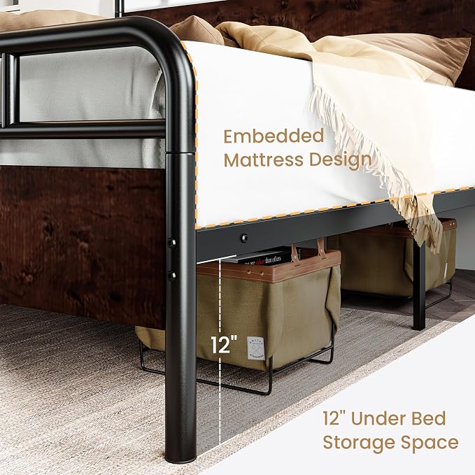 SHA CERLIN Full Size Bed Frame with Wooden Headboard and Footboard, Rounded Corner Metal Structure, Heavy Duty Slats with Under-Bed Storage, No Box Spring Needed, Mahogany