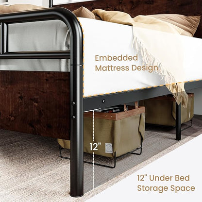 SHA CERLIN King Size Bed Frame with Wooden Headboard and Footboard, Rounded Corner Metal Structure, Heavy Duty Slats with Under-Bed Storage, No Box Spring Needed, Mahogany