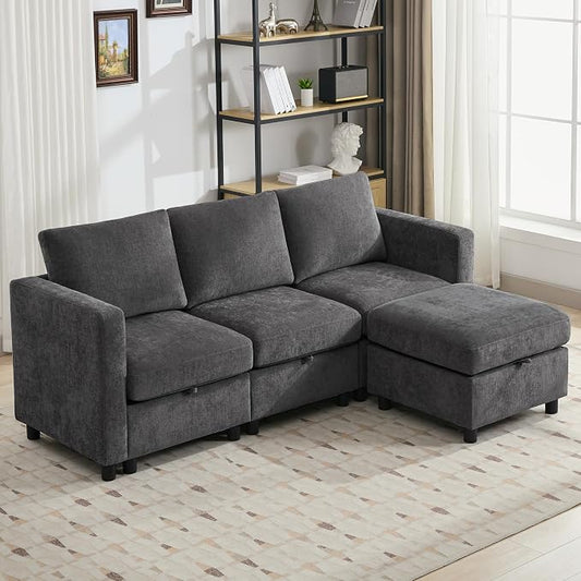 WUTUTUEE 83”Modular Convertible L Shaped Couch Set for Living Room, Modern 4 Seat Storage Modular Couch with Movable Ottoman, Chenille(Dark Grey)