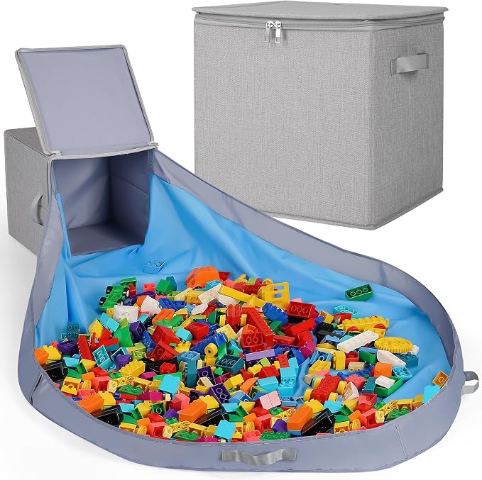 SAM AND MABEL Toy Storage Organizer with Play Mat – 13" x 13" x 13" Stackable and Collapsible Cubby Box Organizers for Kids Playroom, Nursery Storage Bins for Boys and Girls (Warm Grayish Beige)