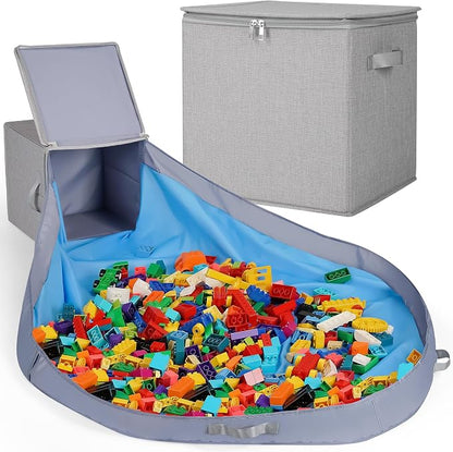 SAM AND MABEL Toy Storage Organizer with Play Mat – 13" x 13" x 13" Stackable and Collapsible Cubby Box Organizers for Kids Playroom, Nursery Storage Bins for Boys and Girls (Warm Grayish Beige)