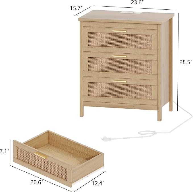 Keehusux Rattan Nightstand with Charging Station, 23.6" Wide Bedside Table with 3 Drawers, Boho Night Stand with Metal Handles, Accent End Table for Bedroom, Guest Room, Natural