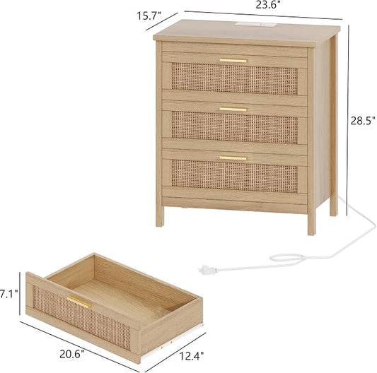Keehusux Rattan Nightstand with Charging Station, 23.6" Wide Bedside Table with 3 Drawers, Boho Night Stand with Metal Handles, Accent End Table for Bedroom, Guest Room, Natural