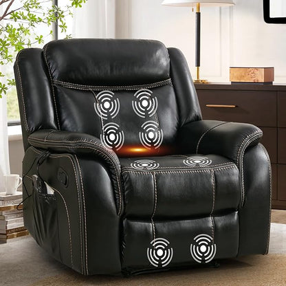 Massage Recliner Chair with Heat, Faux Leather Recliner Chairs for Adults, 39" Wide Manual Reclining Ergonomic Lounge Chair, Overstuffed Wall Hugger Recliners for Living Room, Black