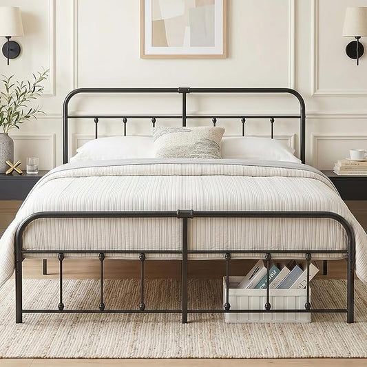 VECELO Black Victorian Style Metal Bed Frame with Headboard/Mattress Foundation/No Box Spring Needed/Under Bed Storage and Strong Slat Support King Size