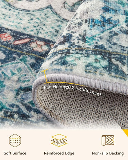 RELEANY Area Rugs Round 5ft Washable Non-Slip, Floral Vintage Distress Medallion Carpet for Living Room Bedroom Dining Room, Green Navy Blue White Red Teal
