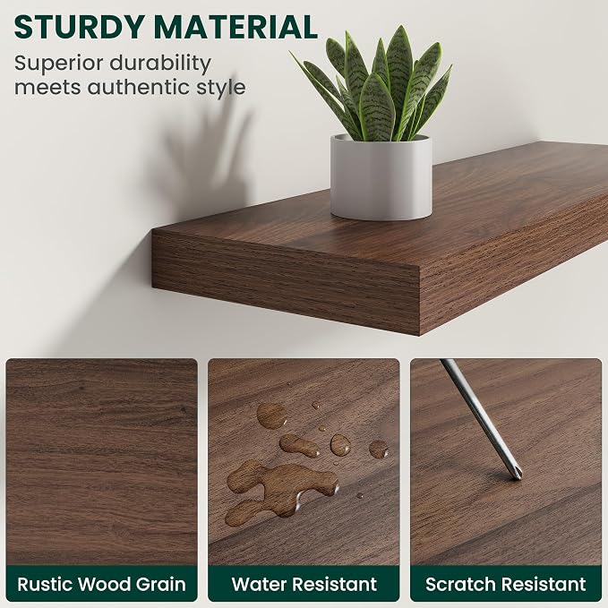 Floating Shelves for Wall, 55 Inch x 8 Inch Deep Wall Mounted Wood Shelf with Invisible Brackets for Storage & Display, Living Room Bedroom Kitchen, Walnut, Set of 2