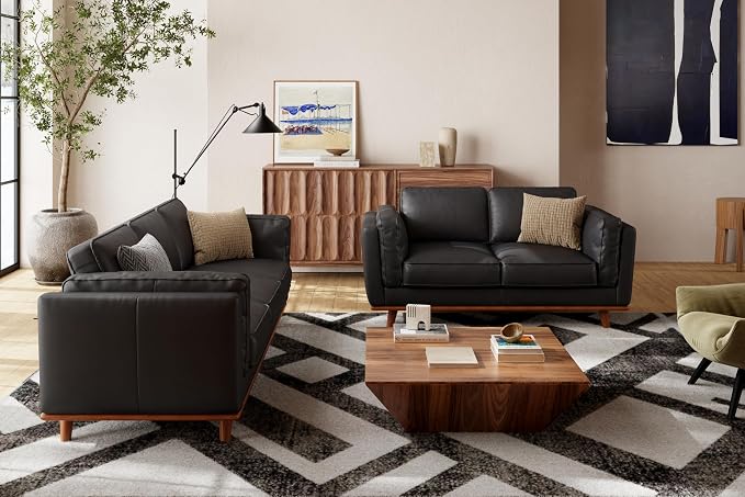 Valencia Artisan Full Leather Loveseat Sofa 66”| Pure Full Italian Nappa Leather Couch, Solid Wood Accent, Ultimate Comfort, Black
