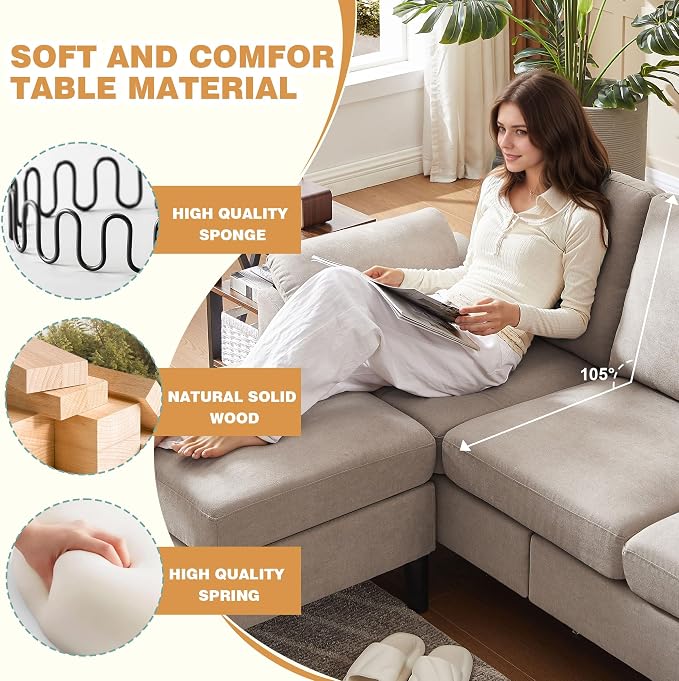 80" Convertible Sectional Sofa Set, Modern Linen Small L Shaped Couch with Reversible Chaise and Loveseat Sofa, 3-Seat Sofa Couches for Living Room, Office, Apartment, Beige