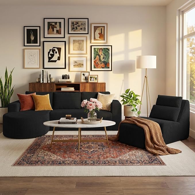104.92" L-Shaped Corduroy 3 Piece Sofa Set with Single Lounge Chair & Ottoman, Modular Compressed All Foam Couch, Freely Movable Footrest, Minimalist Large Living Room Furniture