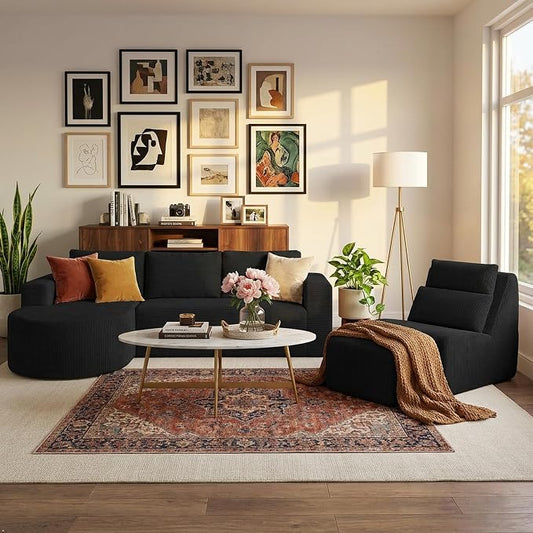 104.92" L-Shaped Corduroy 3 Piece Sofa Set with Single Lounge Chair & Ottoman, Modular Compressed All Foam Couch, Freely Movable Footrest, Minimalist Large Living Room Furniture