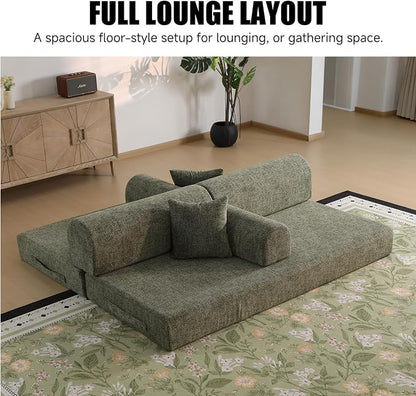 78.8" Memory Foam Boneless Couch, Corduroy Floor Sofa Bed, Convertible Sleeper Futon Loveseat, Wide Armrests & Back Support, Supports Up to 1200 lbs, Couch in a Box with 2 Pillows, Moss Green