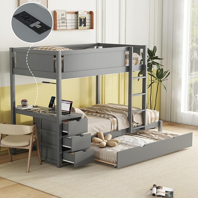 Harper & Bright Designs Twin Over Twin Bunk Bed Twin Size Trundle, Wood Twin Bunk Bed with USB Ports, Storage and Desk, Gray