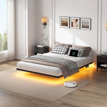 YORMDMO Floating Bed Frame Queen Size, Heavy Duty Bedframe with Smart LED Lights & Charging Station, Modern Metal Platform Bed, Easy Assembly No Box Spring Needed, 8 Inch