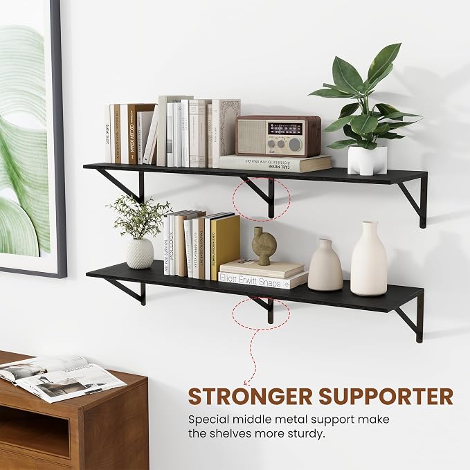 Heimlove Black Deep Floating Shelves for Wall, 40W x 12D Wood Wall Shelves Set of 2, Wide Floating Bookshelf for Living Room, Kitchen, Office, Bedroom and Decor Storage, with Metal Bracket - Black
