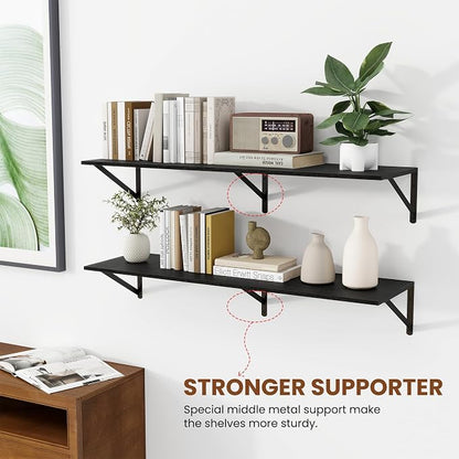 Heimlove Black Deep Floating Shelves for Wall, 40W x 12D Wood Wall Shelves Set of 2, Wide Floating Bookshelf for Living Room, Kitchen, Office, Bedroom and Decor Storage, with Metal Bracket - Black