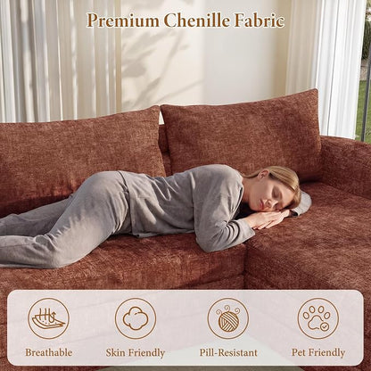 Vesgantti 110.2" Boneless Sectional Couch with Curved Armrest, 6 in 1 Convertible Folding Sleeper Sofa Bed, Chenille Modular Sofa for Living Room, No Assembly Required, Orange, Right Facing Chaise