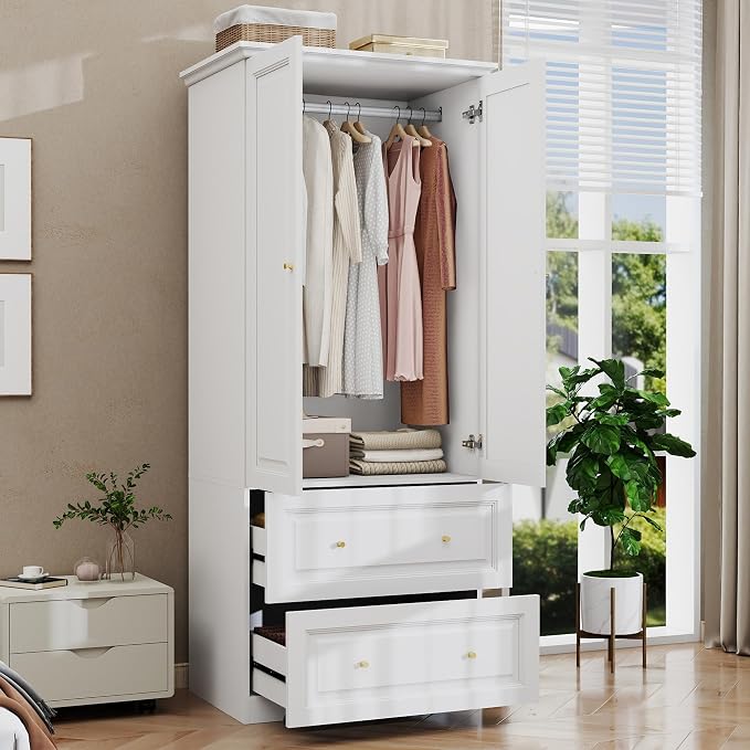 Armoire Wardrobe Closet with Drawers: 74" White Wardrobe with 2 Drawers, 2 Doors Bedroom Armoires with Hanging Rod, Tall Closet Cabinet for Hanging Clothes (31.5")