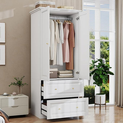 Armoire Wardrobe Closet with Drawers: 74" White Wardrobe with 2 Drawers, 2 Doors Bedroom Armoires with Hanging Rod, Tall Closet Cabinet for Hanging Clothes (31.5")