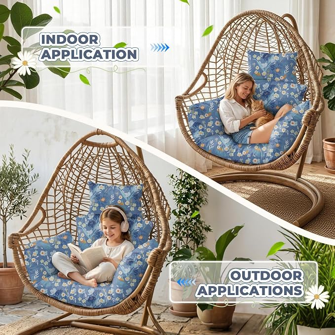 Waterproof Egg Chair Cushion Replacement 47x31.5x4.7 inch Thicken Hanging Egg Swing Chair Cushion Indoor Outdoor Wicker Rattan Hammock Basket Cushion with Headrest Pillow, Blue Peony