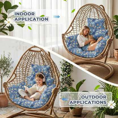 Waterproof Egg Chair Cushion Replacement 47x31.5x4.7 inch Thicken Hanging Egg Swing Chair Cushion Indoor Outdoor Wicker Rattan Hammock Basket Cushion with Headrest Pillow, Blue Peony