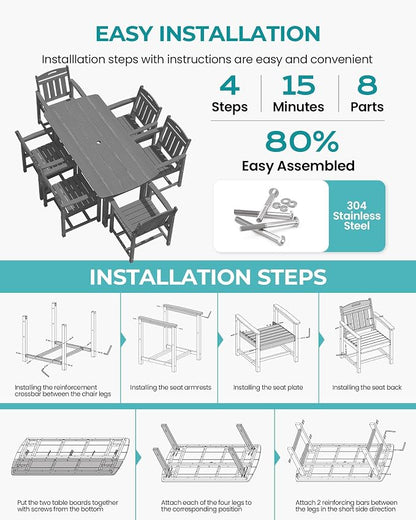 Outdoor Rectangle Dining Table, Heavy-Duty HDPE Table for 6, Weatherproof Patio Table with Umbrella Hole, Rounded Corners for Safety, Grey